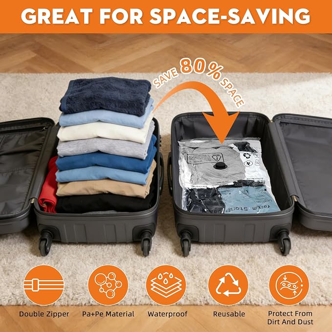 Vacuum Storage Bags For Clothes with Pump(6S+6M+2L+2J)16 Pack | Vacuum Travel Bags with Pump for Luggage,Space Saver Bags For Travel and Home Organization