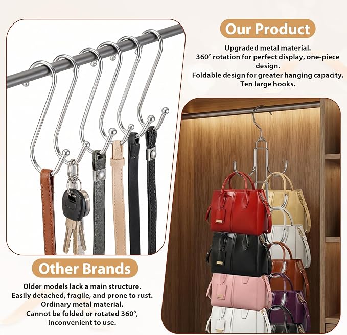 4 Pack Purse Organizer for Closet, Purse Hanger with 10 Big Hooks, 360 Degree Rotation Bag Holder for Organizer&Display, Foldable Space Saving Hangers Rack for Handbag, Belt, Scarf, Tie