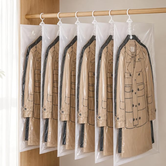 6 Pcs Clear Hanging Vacuum Seal Bags for Clothing 43.3" x27.6" | Reusable Compressed Space Saver Vacuum Storage Bags Vacuum Seal Storage Bag for Closet Organizer Suits Coats Jackets Dress