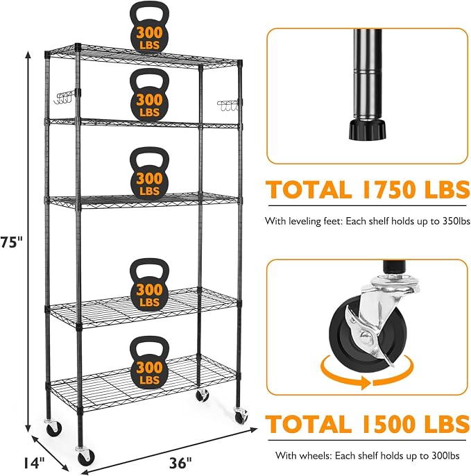 BolDuck 5 Tier Storage Shelves with Wheels, 1750lbs Capacity Heavy Duty Shelving Units, 14x36x75inch Adjustable Metal Shelf Wire Shelving Rack for Garage, Kitchen, Office, Black