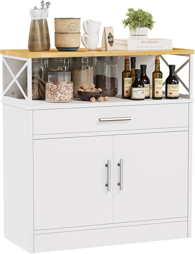 Meilocar Buffet Cabinet Kitchen Sideboard with Storage and Drawer, Farmhouse Storage Cabinet for Living Room, Dining Room, Hallway, White & Yellow Top