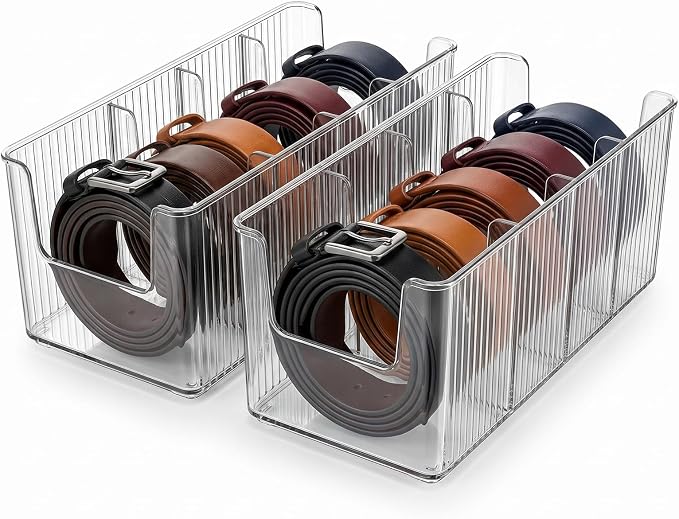 Acrylic Belt Organizer, 2 Pack Clear Belt Storage Box with 4 Adjustable Compartments, Stackable Durable Acrylic Belt Holder, Anti-Scratch Belt Display Case for Closet and Drawer Organization