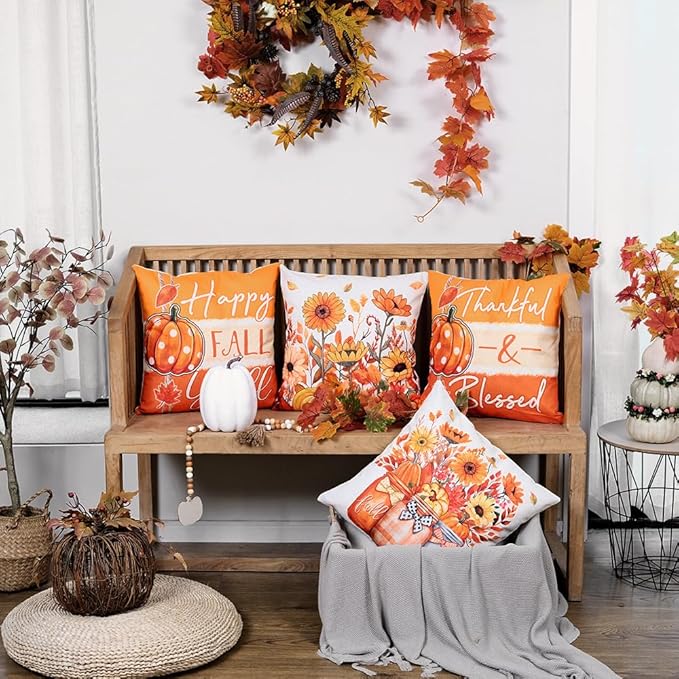 GEEORY Fall Throw Pillow Covers 20x20 Inch Set of 4, Pumpkins Floral Mason Jars Happy Fall Y'all Thankful & Blessed Orange Autumn Seasonal Decorative Farmhouse Decoration for Home G552-20