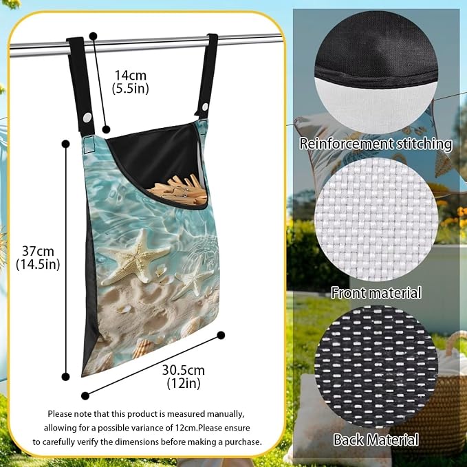 Starfish Clothespin Organizer Bag Shell Beach Clothespin Bags with Hanging Hook Waterproof Clothes Pin Storage Organizer with Large Opening Clothespin Bag for Clothesline Outdoor