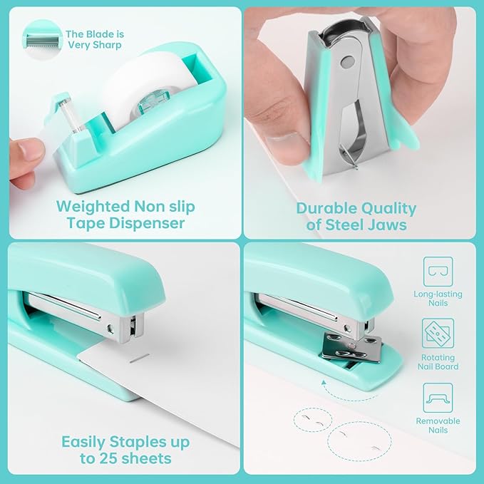 Teal Office Supplies, Teal Office Supplies and Accessories for Kids, Mint Green Stapler and Tape Dispenser Set for Women, Green Office Desk Accessories, Office Gift for Women, Office Lady, Coworkers