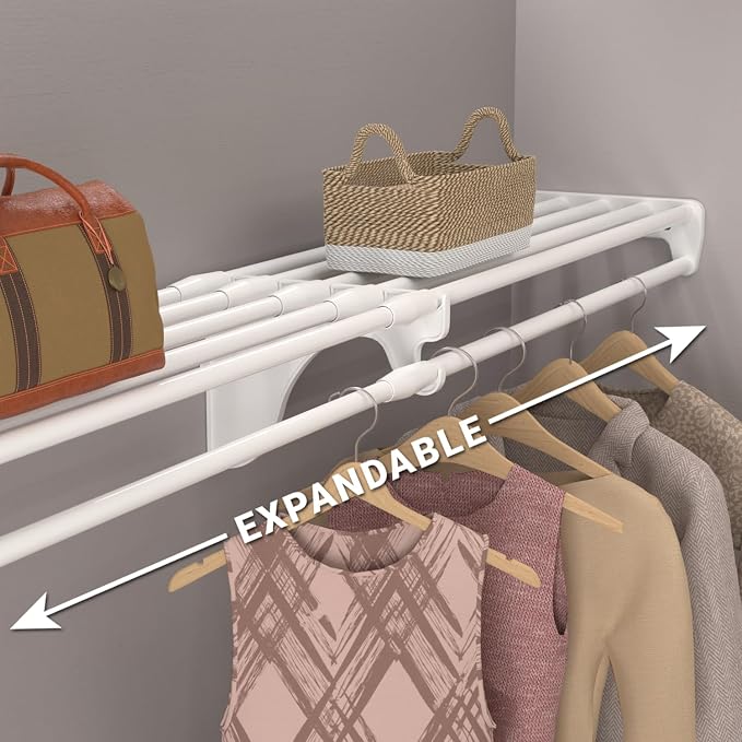 EZ Shelf - Closet Shelf with Hanging Rod - 30” to 50" Expandable, White, Closet Shelves – Strong, Holds 200 lbs – Easy Install – Backwall (Floating) with 2 End Brackets, Alternative to Wire Shelving