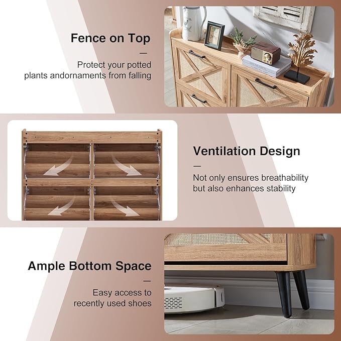 Barnyatoh Shoe Storage Cabinet, Boho Shoe Organizer with 4 Flip Drawers & Rattan Design,Farmhouse Freestanding Hidden Slim Narrow Shoe Rack Cabinet for Entryway, Foyer,Hallway,Natural