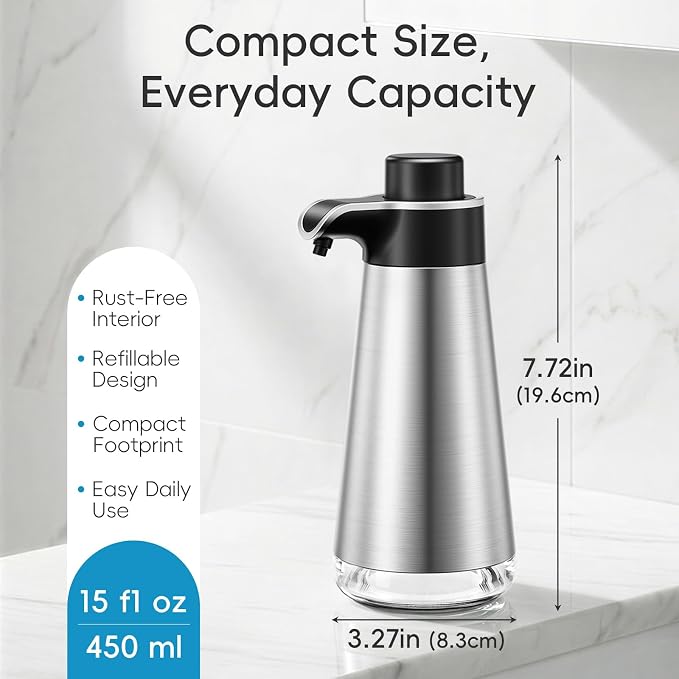 BYUNER Foaming Soap Dispenser for Bathroom & Kitchen, 15 fl oz Refillable Foam Soap Dispenser with Rust-Free Plastic Pump, Metal Look Countertop Soap Dispenser, Hand Soap Dispenser, Brushed Silver