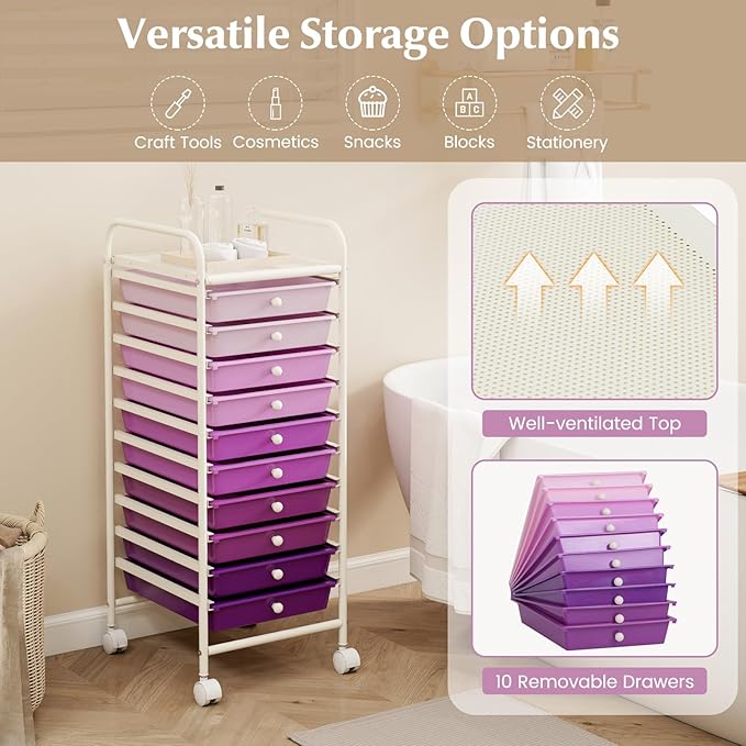 COSTWAY 10-Drawer Rolling Storage Cart, Utility Mobile Trolley | Removable Drawers & Universal Casters & 2 Brakes, Versatile Flexible Drawer Organizer Cart for Home, Office (Purple Gradient)
