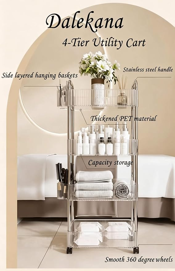 4-Tier Clear Utility Rolling Cart with Wheels for Kitchen & Bathroom | Lightweight-usage, Easy assembly, Multifunctional storage organizer, Clear, 7.9”W * 13”L * 35.8”H