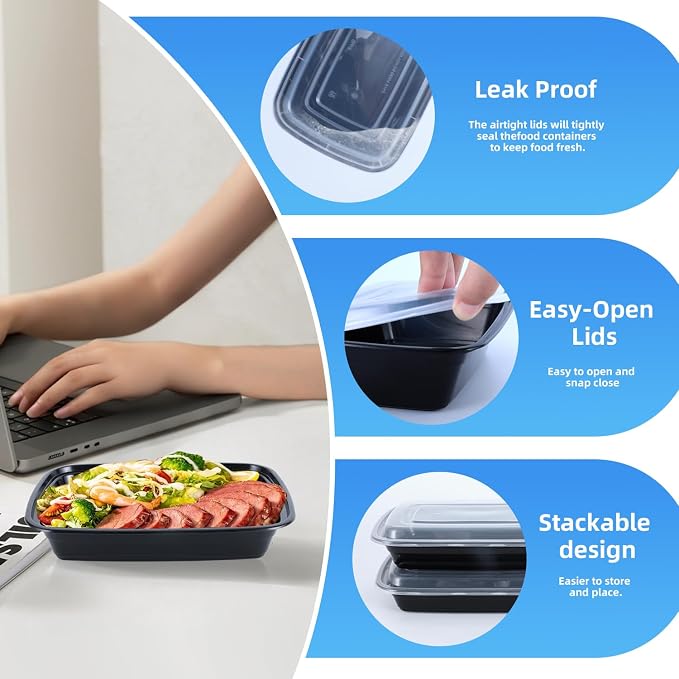 28oz Rectangle Meal Prep Containers with Lids, 50 Pack | BPA-Free Leakproof Reusable Plastic Food Storage, Microwave Safe Stackable Takeout Boxes for Hot Food