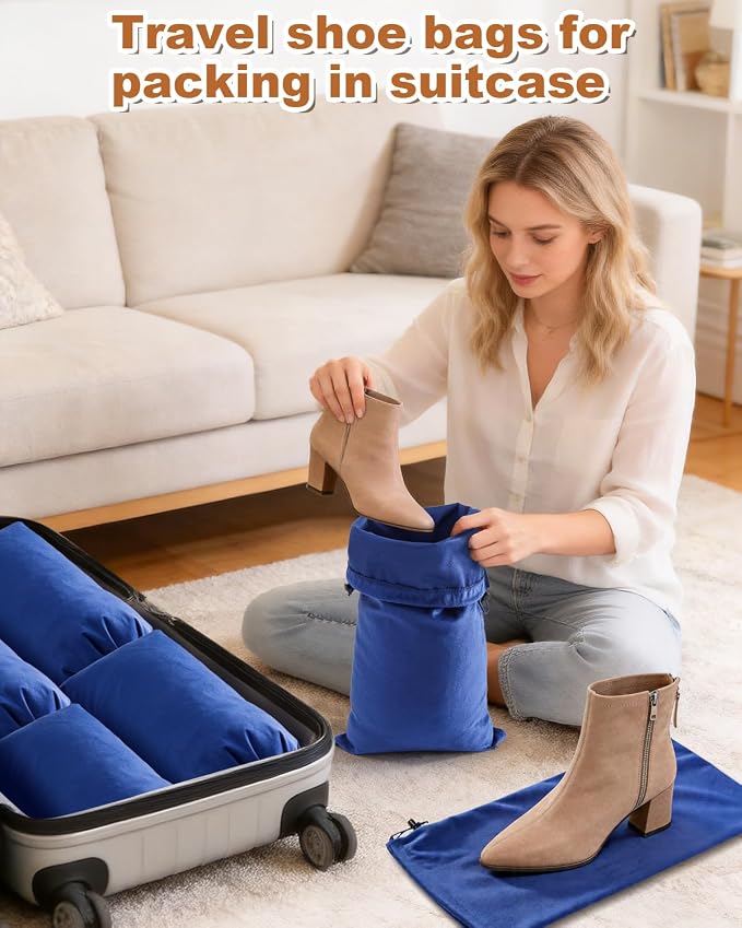 2 Pcs Single Shoe Bags for Travel, Velvet Bags, Palace Blue, 17.3x8.6 Inch | Washable & Reusable Travel Shoe Bags, Dustproof Shoe Bags with Drawstring Closure, Suitable for Travel, Home Storage