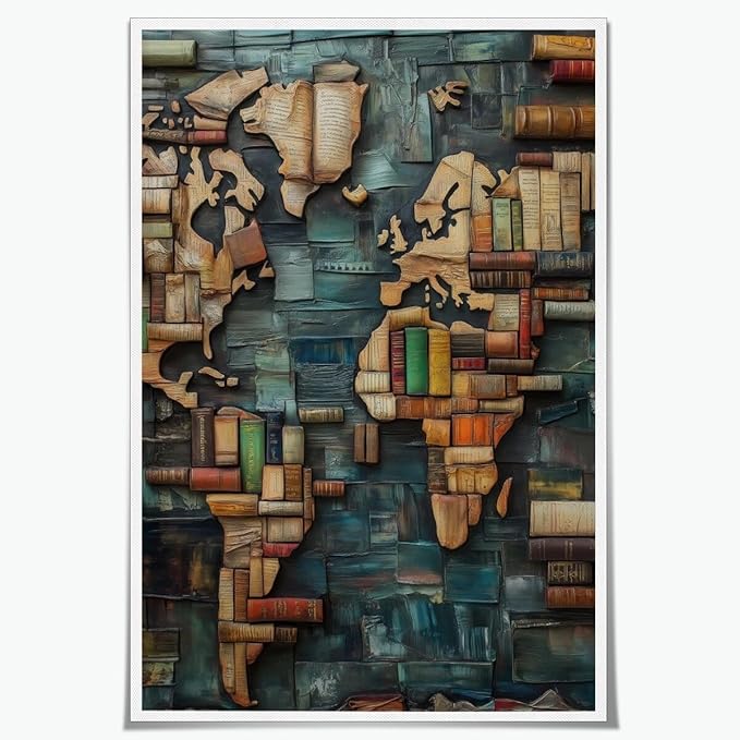 World Map Book Adventure Vintage Library Art Aesthetic Poster Canvas Wall Art Decoration Living Room Home Decor Bedroom Decoration Poster Unframed12x18inch