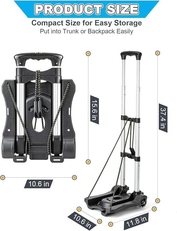 Vsaikeo Small Folding Hand Truck Dolly with 2 Wheels, Lightweight Aluminum Foldable Luggage Cart, Collapsible Cart Portable Dolly for Airport Travel Moving Use