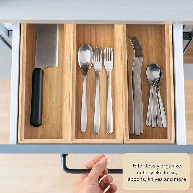 Kigley 8 Pcs Kitchen Bamboo Drawer Organizer Utensil Wooden Silverware Drawer Organizer Utensil Bamboo Storage Box Cutlery Holder Flatware Containers for Kitchen, Bathroom(9 x 3 x 2 Inch,Wood)