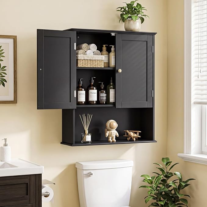 Bathroom Wall Cabinet, Black 30" x 24" Wall Mounted Medicine Cabinet, Over Toilet Storage Hanging Cabinet Adjustable Shelves Cupboard with Large Space for Laundry Room, Bedroom, Kitchen, Entryway