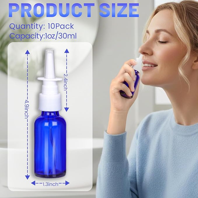 1 oz Empty Nasal Spray Bottles 10 Pack, Blue Glass Refillable Sprayers | Leakproof & Durable for Saline, Essential Oils, Sinus Relief, Allergy Care,Travel,Home Use, Includes Dropper & Labels