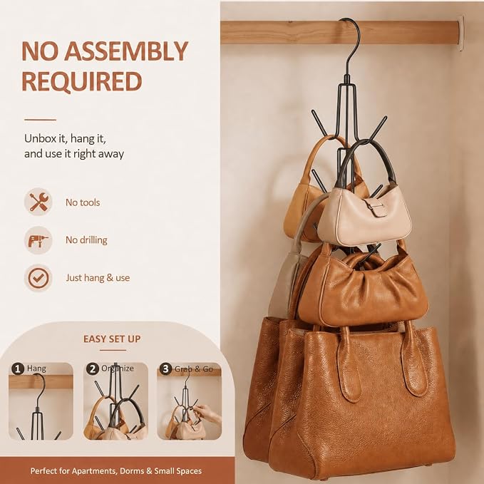 ZEDODIER Purse Organizer for Closet, Heavy-Duty Hanging Purse Hanger Closet Holds Up to 6 Purses, Metal Rotating Space Saving Bag Holder Handbag Storage Hook Backpack Rack, Black