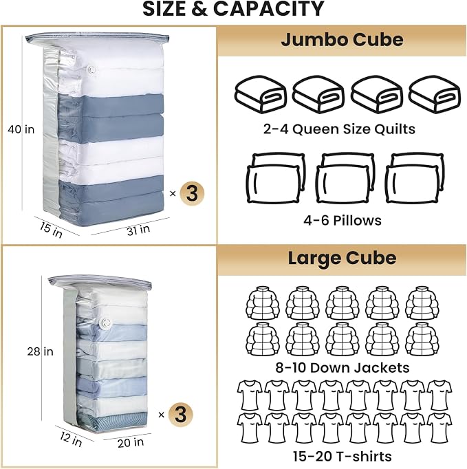 TAILI 6 Pack Vacuum Storage Bags, Cube Space Bags (3 Jumbo +3 Medium), Combo Vacuum Seal Bags for Clothing, Bedding, Comforters, Blankets, No Pump Compression Cube, 2 Size, Cream