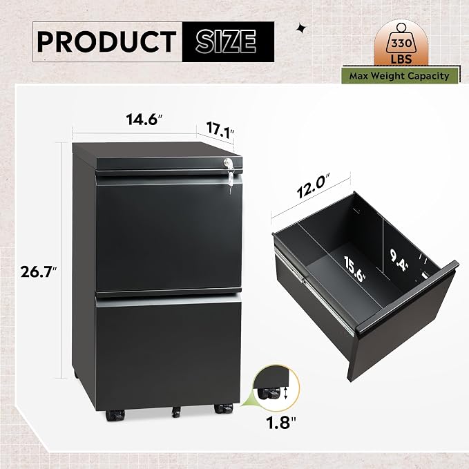 DEVAISE 2 Drawer Mobile File Cabinet, Fully Assembled | Under Desk Metal Filing Cabinet with Lock for Home Office, Fits Letter/Legal/A4 Size, Black