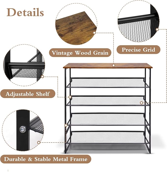 Garden 4 you Shoe Rack for Entryway 5 Tiers 11.8" D x 29" W x 36.5" H, Metal Shoe Rocks with Brown Wooden Tabletop, Angled Shoes Rack with Adjustable Mesh Shelves for Entryway Hallway Closet