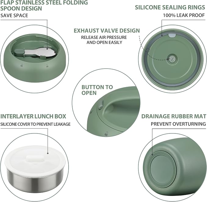 Thermo Food Jar for Hot Food Adults 32OZ Soup Thermo Lunch Containers Wide Mouth Vacuum Insulated Stainless Steel Leakproof Bento Box with Spoon (NEW-GREEN)
