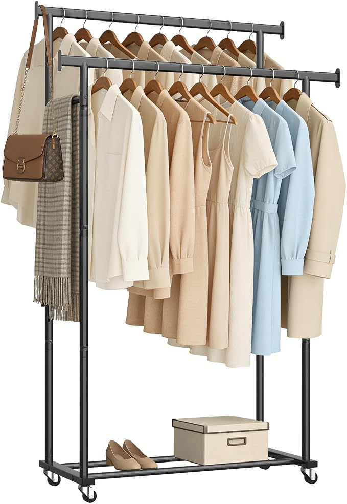 Clothes Rack,Rolling Clothing Rack for Hanging Clothes, Garment Rack Sturdy Clothing Rack Portable Wardrobe Rack Metal Closet Rack for Bedroom Laundry Living Room, Black