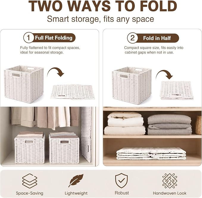 Cotton Rope Cube Storage Baskets Set of 2, 11 Inch Foldable Cubby Organizer Bins with Handles, Handwoven Square Basket for Organizing, Cube Closet Storage Bins for Shelves, Home Decor (White 2 Pack)