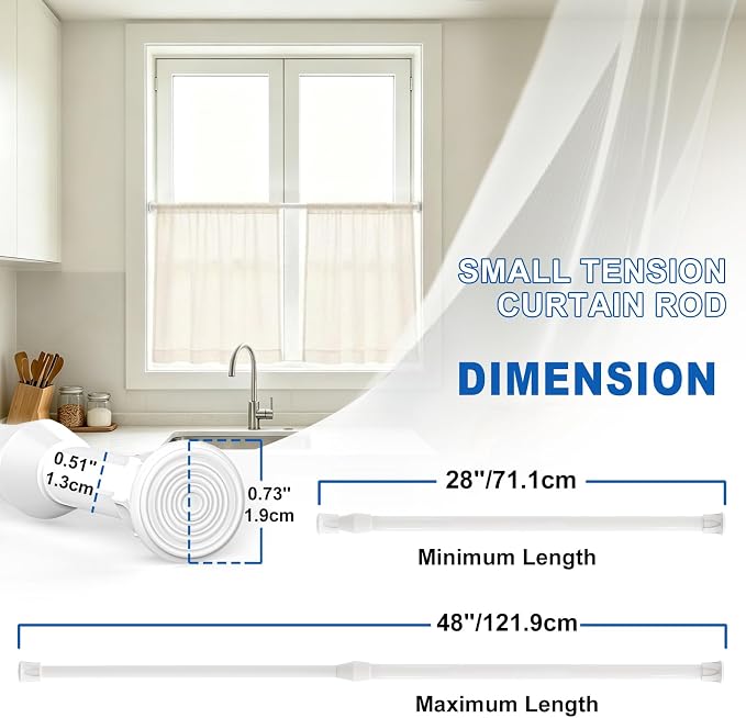 2 Pack Tension Curtain Rod 28-48 Inch, Small Short Adjustable Extendable Spring Loaded Rods for Windows Cabinet Blinds Closet Bedroom Kitchen Bathroom Door No Drilling White