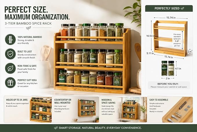 Bamboo Spice Rack Organizer – 3 Tier Bamboo Spice Rack Organizer – Countertop or Wall Mounted – Kitchen Spice Shelf Storage – Space Saving Organizer for Pantry & Cabinet