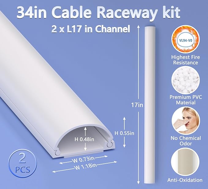 ZhiYo 34in Cord Hider for 2-3 Wall-Mounted TV Wires, 1.2"W x 0.55"H, White | Split-Hinge Design for Easy Installation, Half-Round Glazed Finish Ideal for Wall/Baseboard, Self-Adhesive, 2 Pack (17" Each)