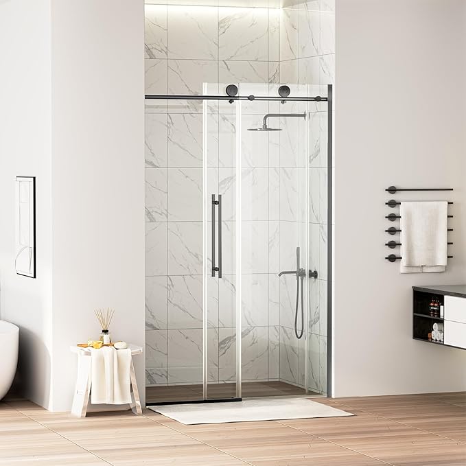 WinZo Frameless Shower Door 44-48 in W x 75 in H, Sliding Shower Door with 5/16"(8mm) Clear Tempered Glass Shower Door, Easy to Clean Bathroom, Silent Soft-Close Design, Matte Black