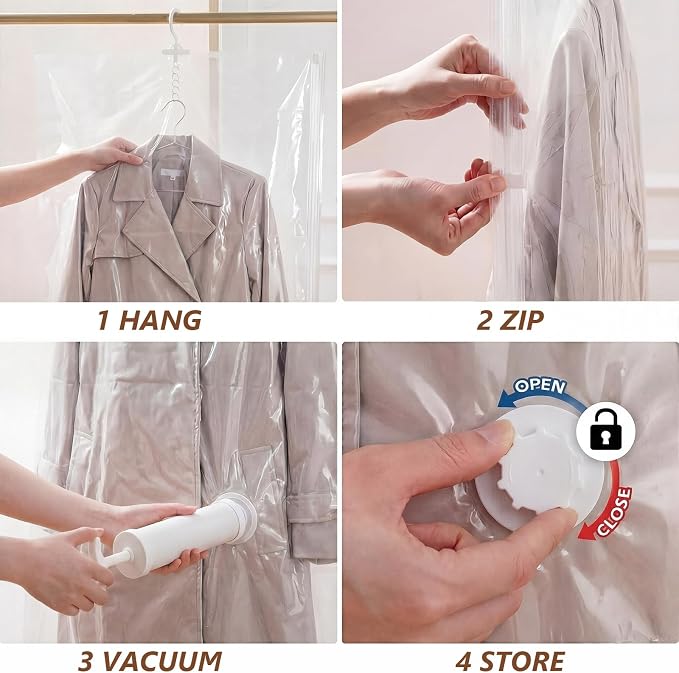 Novabright 5 Pack Hanging Vacuum Storage Bags for Clothing Compression Bags with Hand Pump Clear Reusable Hanging Vacuum Seal Storage for Coats Closet Organizer (2 Long 2 Medium)