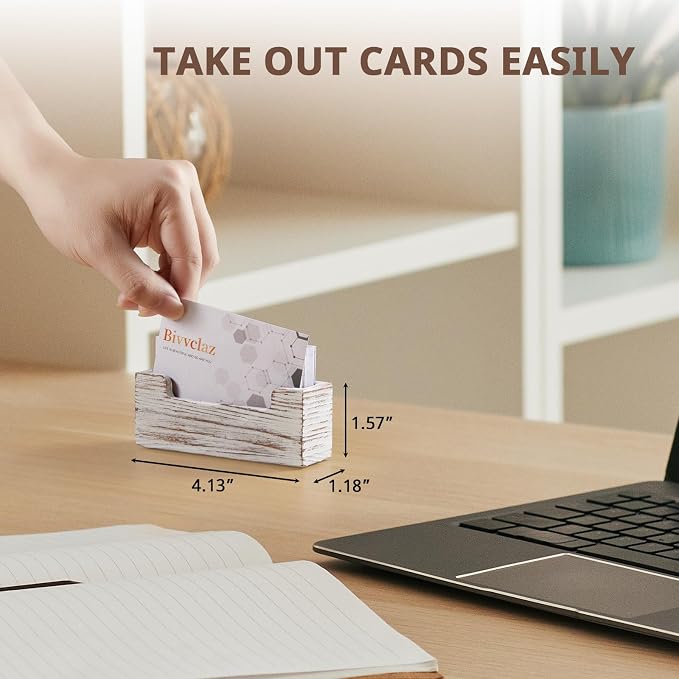 Bivvclaz Business Card Holder Desk, White Washed Wood Business Card Organizer Desktop Business Card Display Stand for Office Tabletop Exhibition, Small Business Essentials