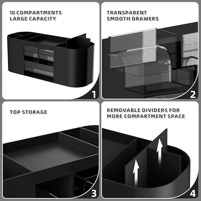 Marbrasse Desk Organizer Pen Holder with 3 Drawers, Multi-Functional Pencil Holder,Desk Organizers and Accessories with 7 Compartments for Home, School, Classroom (Black)