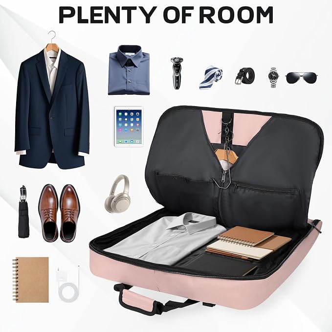 Goloni Garment Bag For Men Women Travel & Business,Hanging Clothes & Multiple Compartment,Waterproof Foldable Suit Bag Pink