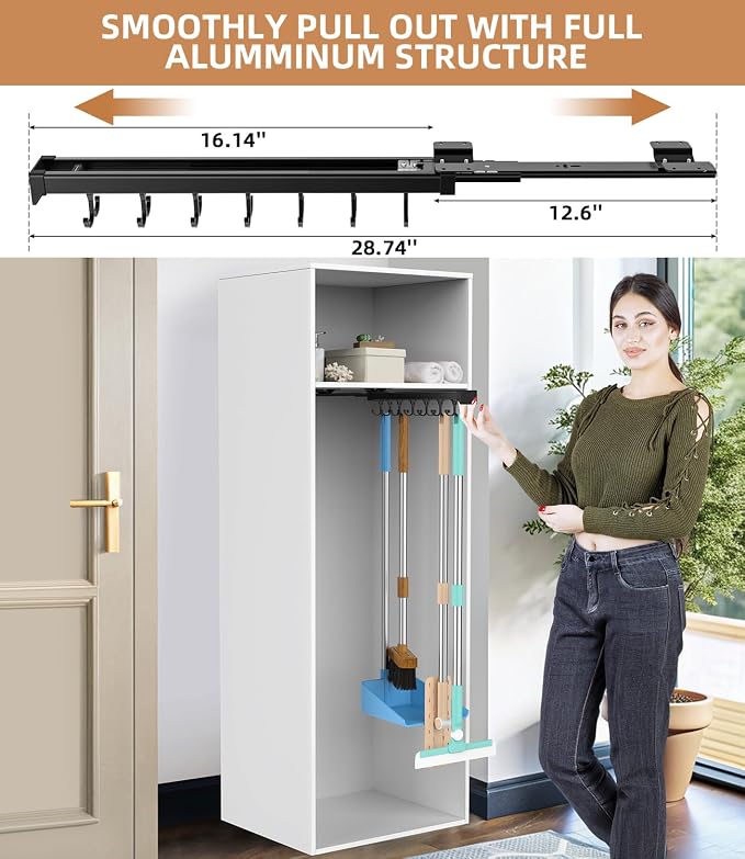 Pull Out Broom Holder With Adjustable Double Row Sliding Hook-Black 16.14in | High Load Capacity, Multifunctional Slide Broom And Mop Storage/Garage Organization Hooks, for Closet Laundry, kitchens