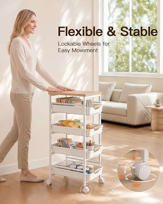 Pipishell Rolling Storage Cart with Drawers & Lockable Wheels, 5 Tier Kitchen Cart with Safety Stops & Vented Design, Wood Top, Pull-Out Utility Cart for Kitchen, Home Office, Bedside, White