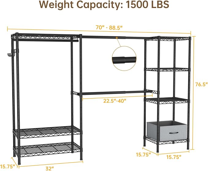 Golpart Heavy Duty Clothing Rack with Adjustable Shelves Clothes Wardrobe | Coat Rack Metal Closet Organizer and Storage Garment Rack for Hanging Clothes Wire Portable Cloth System Free Standing Black