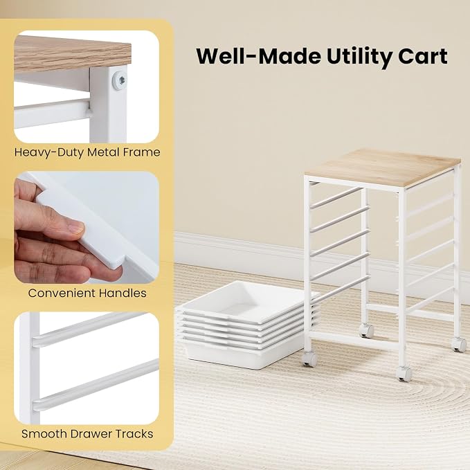 GOFLAME 6-Drawer Rolling Storage Cart, Craft Storage Cart with Wood Tabletop and Lockable Wheels, Art Cart Supply Storage Organizer with Metal Frame for Home Office Classroom, White