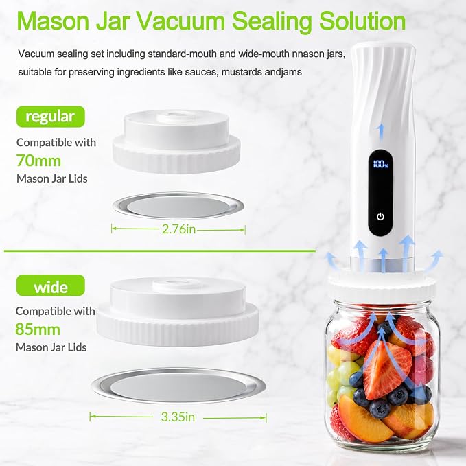 Mason Jar Vacuum Sealer Kit with 2 Sealers, 20 Reusable Lids (Wide & Regular Mouth), Wine Vacuum Stopper & Opener, Food Storage System for Meal Prep, Pantry, Without Mason Jar