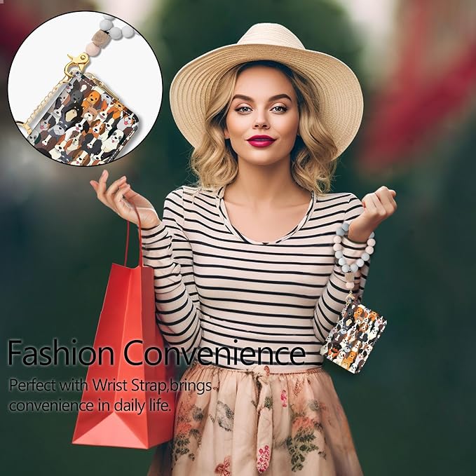 Blusabaca RFID Credit Card Holder Small Women Travel Wallet, Dog Puppy | Removable Keychain, Case with Zipper, Vegan PU Leather, Cash Coin Pocket, Business Accordion Purse, Ladies Female Gift