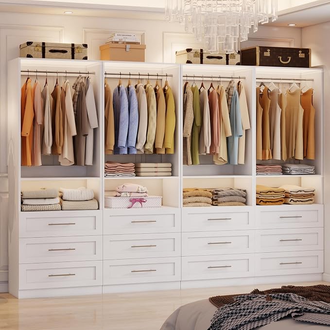 Modular Closet System with 12 Drawers, 8FT Engineered Wood Closet Organizer System for Walk-in Closet, Storage Unit with 8 Extendable Hanging Rods, White (Set of 4)
