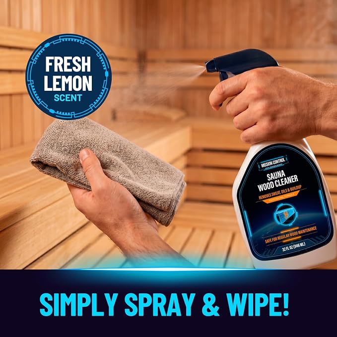 Mission Control 32 oz Sauna Wood Cleaner Spray | Removes Sweat, Body Oils & Buildup From Interior Surfaces Including Cedar - Wood-Safe Formula for Regular Sauna Maintenance