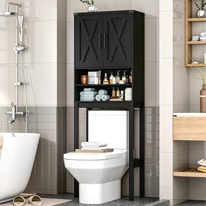 Vabches Over The Toilet Storage Cabinet, Bathroom Organizer with 2 Barn Doors, Farmhouse Space-Saving Toilet Rack with Adjustable Shelf,for Bathroom, Toilet, Laundry Room,Black