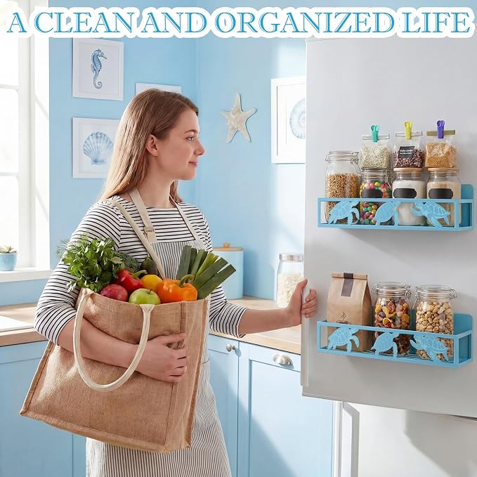 Beeveer 2 Pack Sea Turtle Magnetic Spice Rack Blue Metal Fridge Magnet Storage Basket for Refrigerator Condiment Seasoning Bottles, Coastal Kitchen Organizer Home Decor Accessories