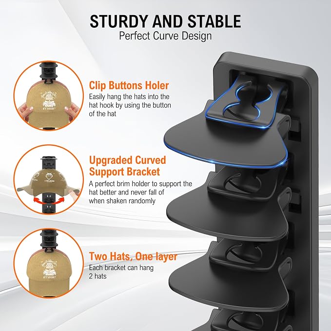 Hat Organizer for Baseball Caps 2 Pack, Adhesive Hat Rack for Wall Hold Up to 40 hats,With 4 Fixed Glue(White-2 Pack+4 Fixed Glue)