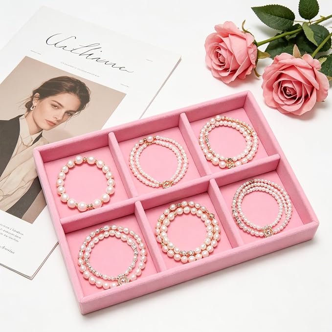 Velvet Jewelry Trays for Drawers, Pink Stackable Jewelry Drawer Organizer Inserts, Ring Earring Necklace Bracelet Holder Organizer Storage Display Tray with Removable Dividers, 6 Grids