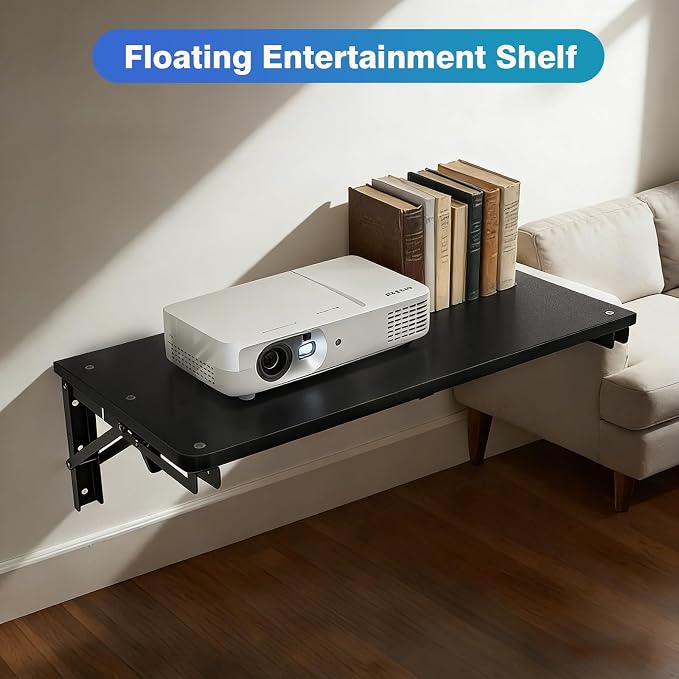 Folding Wall Desk for Small Space, Black 21.7″ Wooden Floating Table | Foldable Shelf Wall Mounted for Office Living Room Bedroom, Media Projector Shelves with 2 Heavy-Duty Brackets Holds Up 80lbs