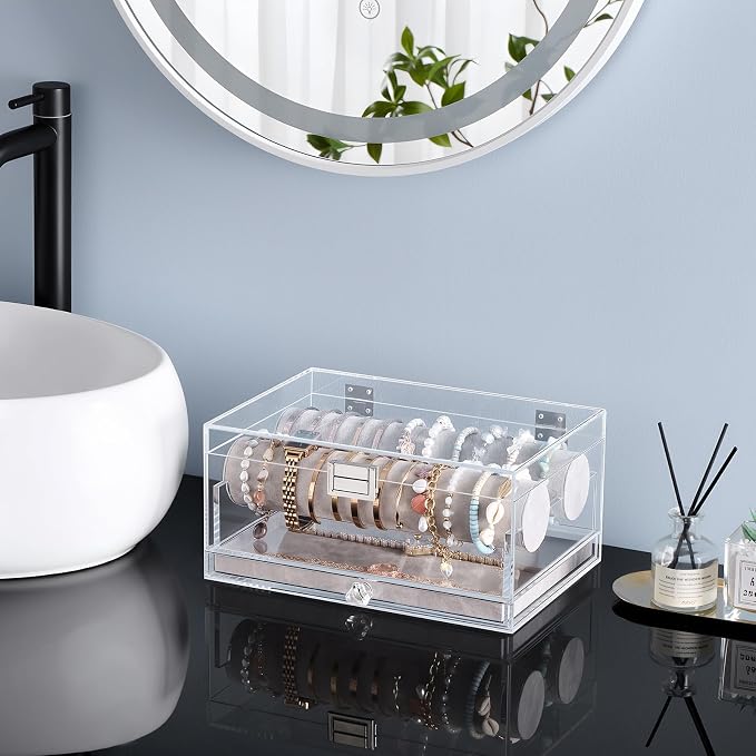 Lolalet Acrylic Bracelet Organizer Box -with Drawer | Clear Jewelry Display Holder for Bracelets, Bangles & Watches, Great Gift for Women on Birthdays, Valentine's Day